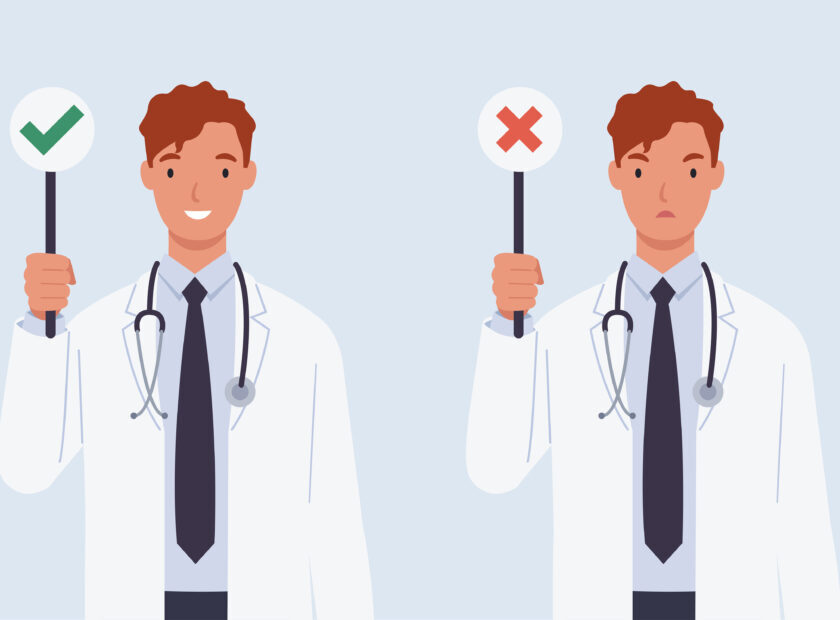 Male doctor with a right and wrong sign. Vector illustration in